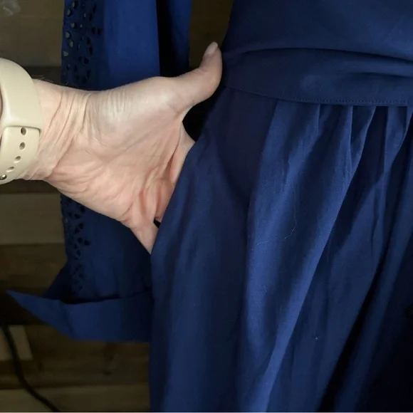 ME+EM Blue Cotton Broderie Shirt Dress Belted Maxi Eyelet Hem US 8 Quiet Luxury - Picture 6 of 16